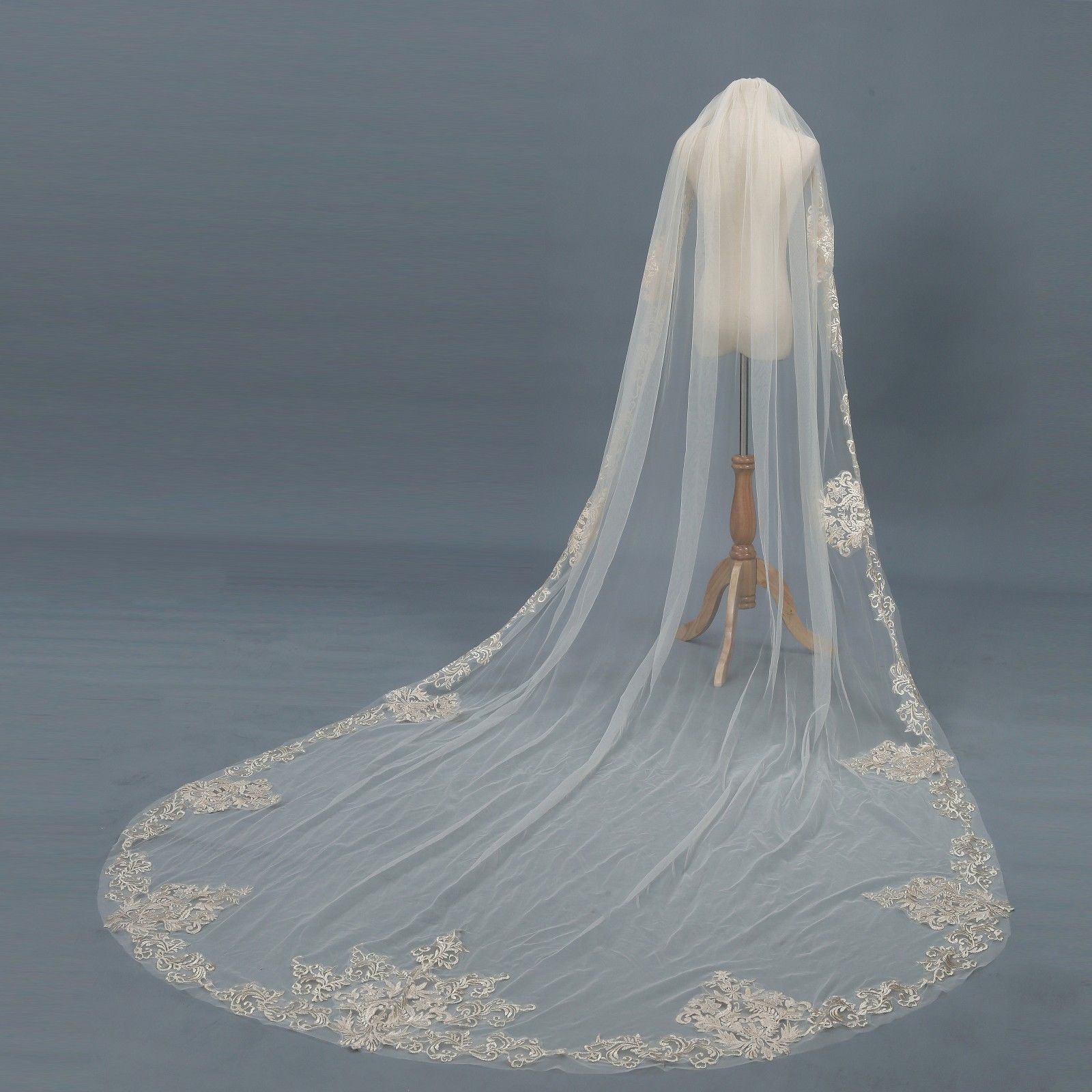 3M Long Wedding Veils Cathedral 1T Bridal Veil Accessories Lace Applique White Ivory Champagne Bride Veil With Free Comb