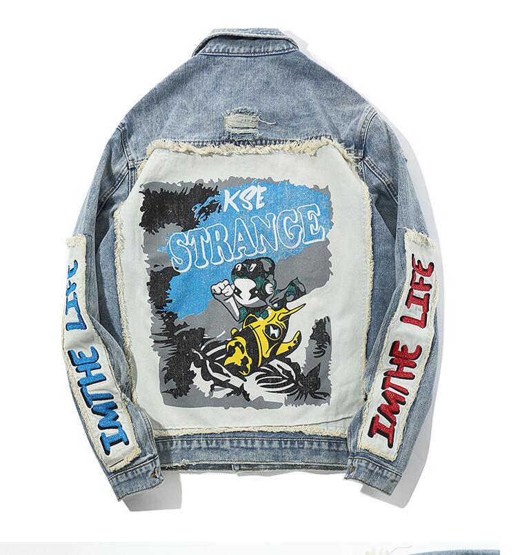 Hip Hop Cartoon Patchwork Ripped Denim Jackets Mens Casual Distressed Jeans Jac…