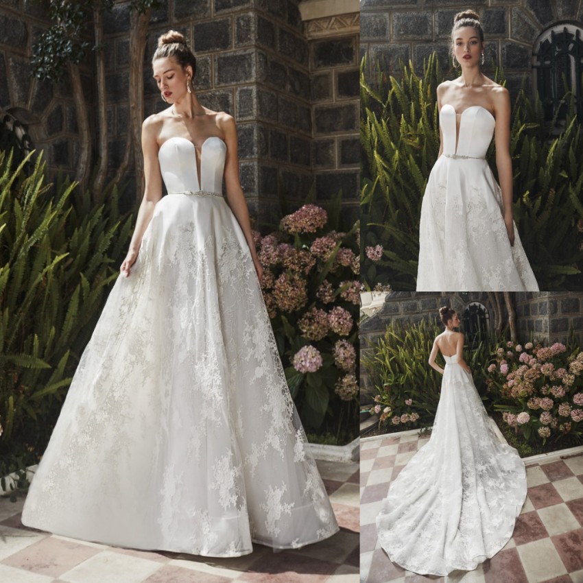 A Amazing E Lace Beaded Wedding Dresses Sheer Plunging Neck Sleeveless Bridal Gowns Sweep Train Plus Size Robes De Mari E