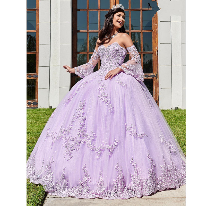 Popular Lavender Long Sleeves Quinceanera Dresses 2020 New Lace Applique Plus Size Lace Up Church Bridal Wear Sweet 16 Prom Gowns