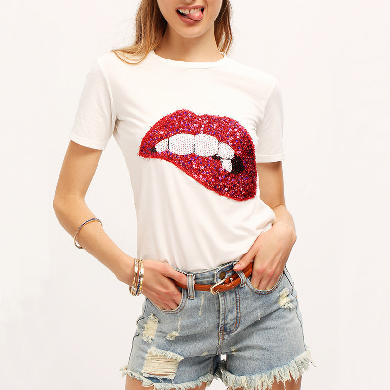 2020 high quality lady top Fashion Sexy Lips Sequin t shirt Women Clothes Summer Short Sleeve t-shirt Casual Cotton tshirts Female Tops