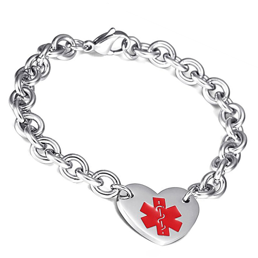 Medical Sign ID Chain Bracelets Charm Heart Shape Bracelets Titanium Stainless Steel Jewelry Men Women Bangle