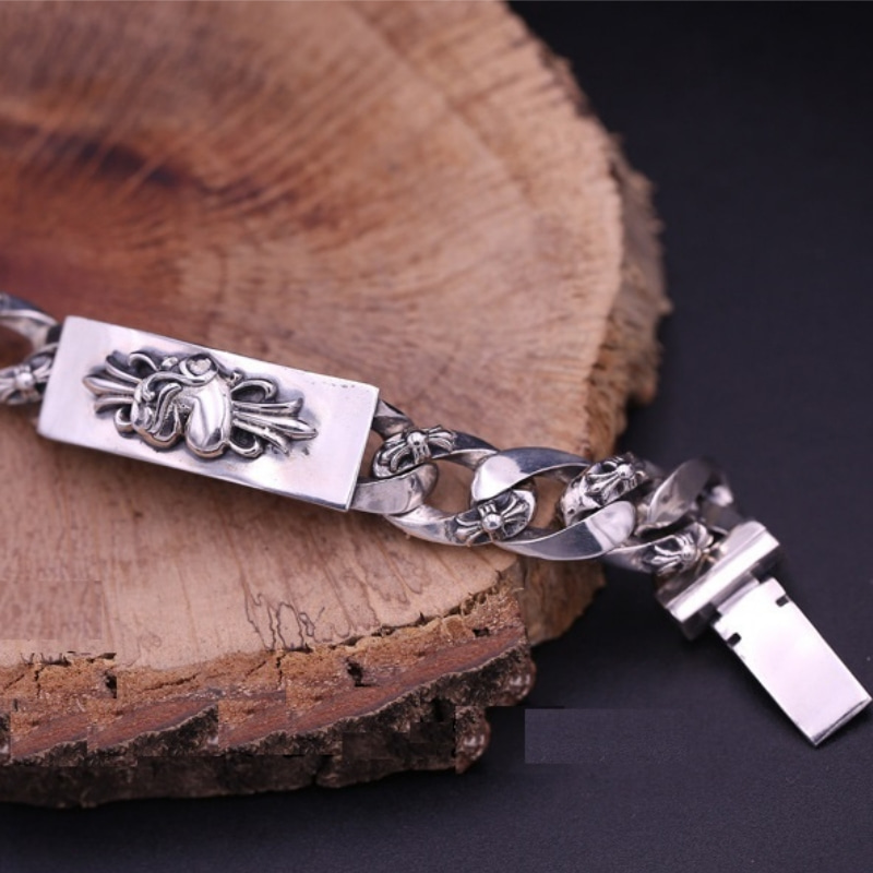 Gothic 925 sterling silver handmade jewelry American European antique silver heart sword thick link chain designer vintage men's bracelets