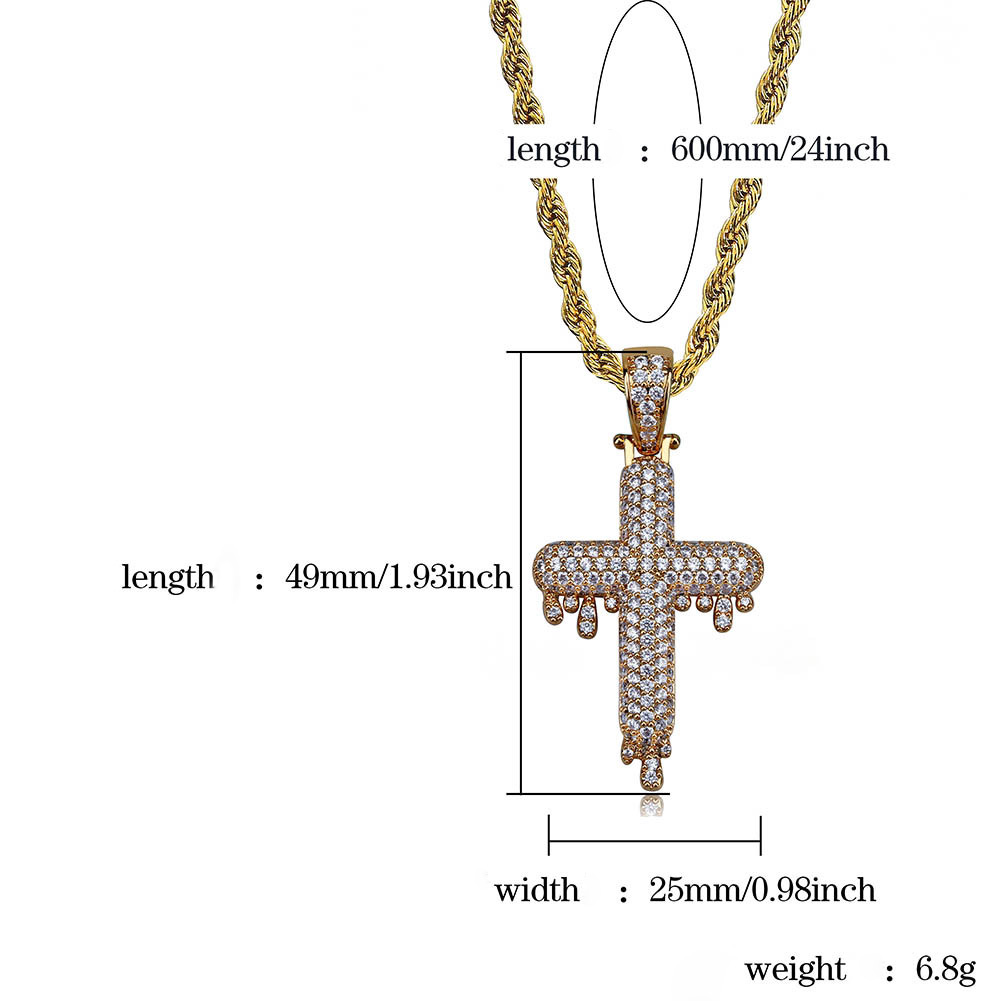 Hip Hop Water Drop Cross Pendants Necklace Full Diamond Stone 18k Gold Plated Men Women Religious jewelry