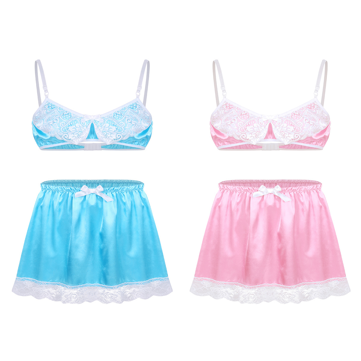 Sexy Mens Smooth Satin Lace Sissy Lingerie Set Adjustable Spaghetti Shoulder Straps Bra Top with Elastic Waistband Short Skirt LY191222