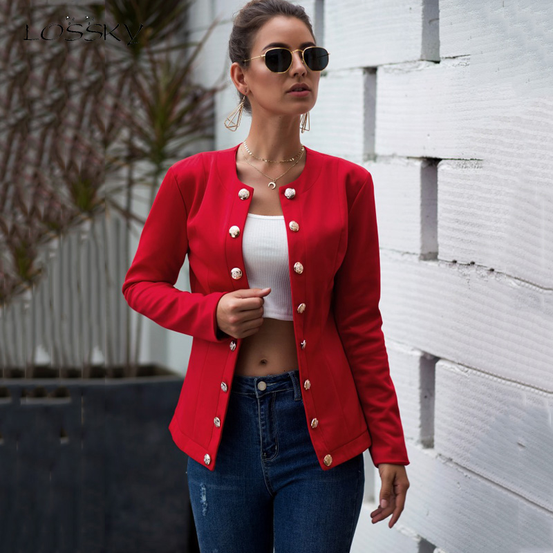 Red Casual Long Sleeve Blazer Jacket Women's Work Office Outerwear Spandex Slim Fit Button Closure V-Neck
