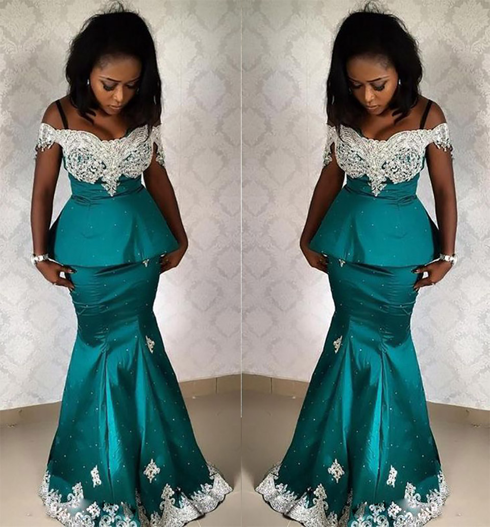 Saudi Arabic Mermaid Duabi Green Evening Dresses Off The Shoulder Lace Appliques Formal Abiye Satin Evening Gown