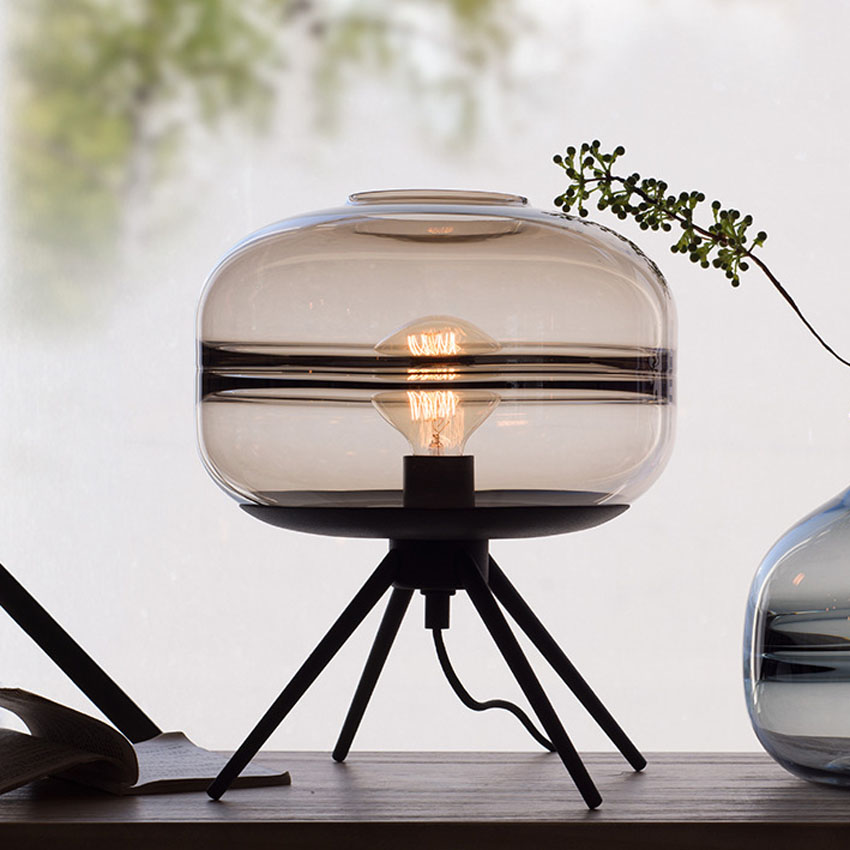 Modern American glass table lamp creative bedroom bedside brown blue gray glass shade lamp iron bracket reading desk