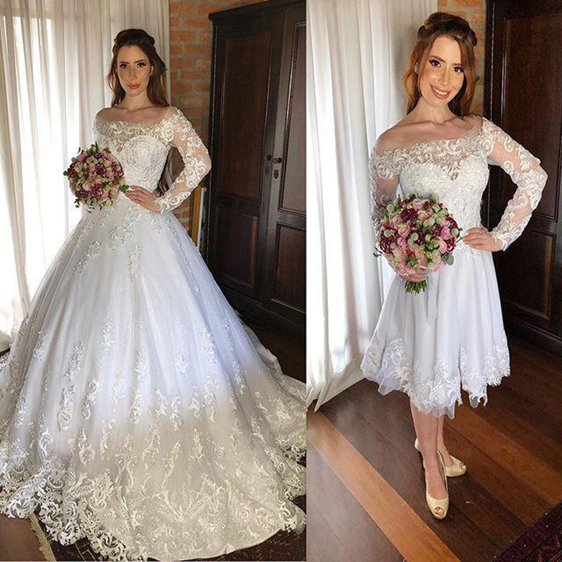 Sexy Amazing 2 In 1 Lace Wedding Dresses Bateau Neck Long Sleeve Sheer Lace Appliques Detachable Train Bride Wedding Gowns Vestido De Noiva