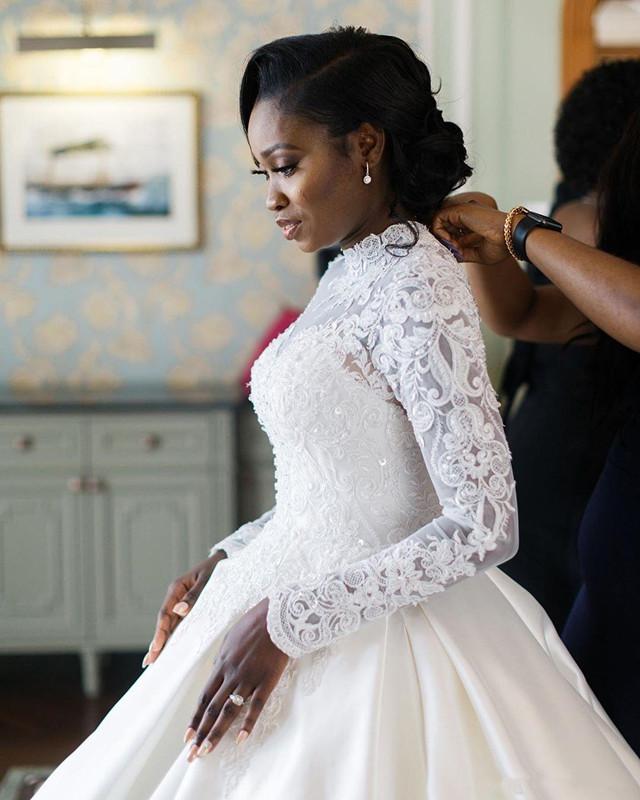 Arabic Aso Ebi Plus Size Lace Beaded Wedding Dresses High Neck Long Sleeves muslim princess Bridal Dresses Cheap Wedding Gowns