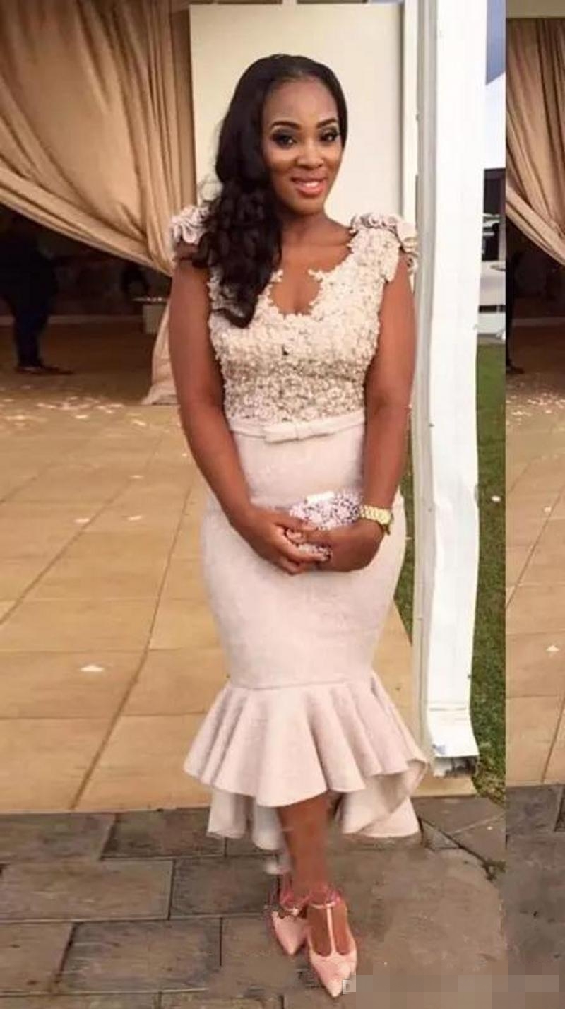 Short Tea 2019 Length Mermaid Bridesmaid Dresses Lace Applique Ruffles Ribbon Bow Maid Of Honor Gown Tail Party Dress Custom Made