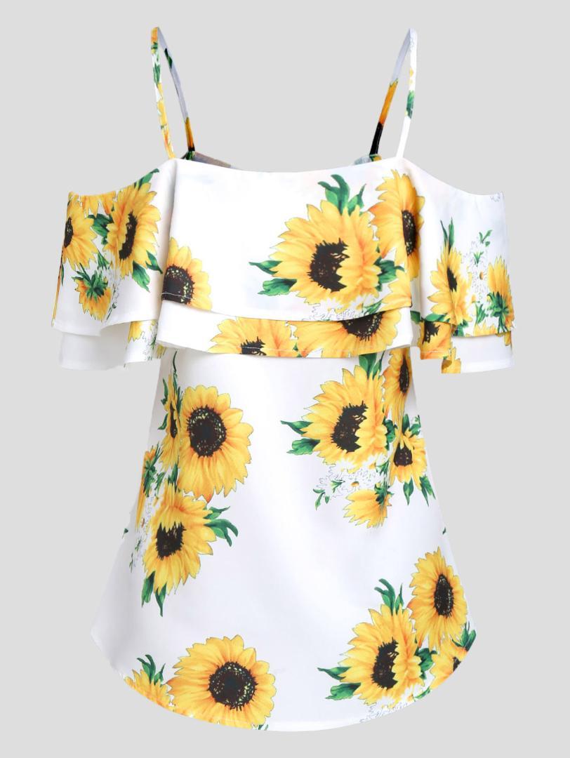 Sunflower Open Shoulder Blouse New Fashion Spaghetti Strap Flounce Tunic Blouse Shirts Half Sleeves Ladies Tops Blusas