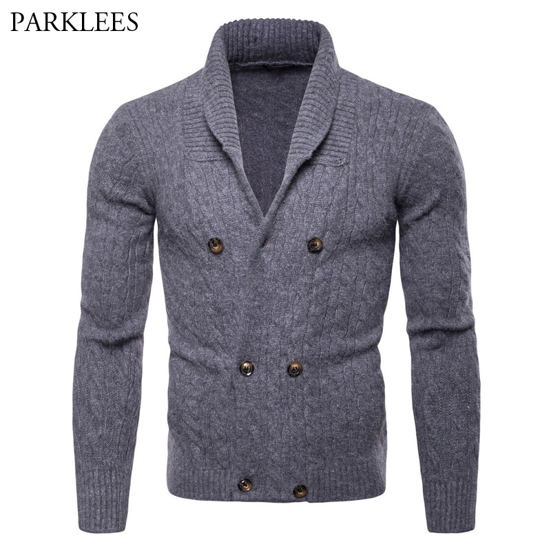 Men's Slim Fit Double Breasted Cardigan Sweater 2018 Autumn Winter Thicken Knitted Sweaters Men Solid Color Casual Cardigans XXL
