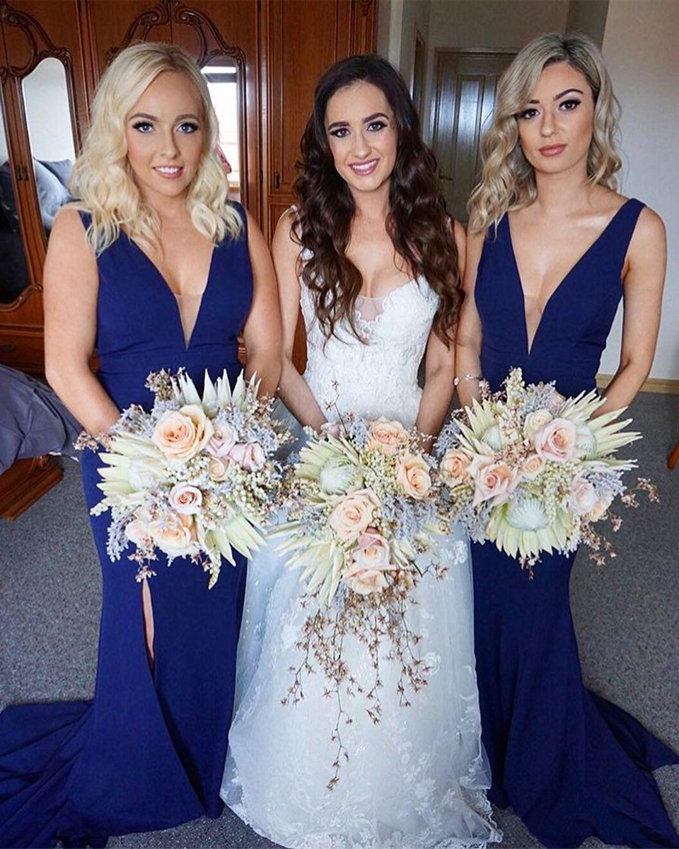 Navy Blue Mermaid Bridesmaid Dresses Sheath Sexy V neck Formal Party Wedding Guest Dress Maid Of Honor Gown BD8924