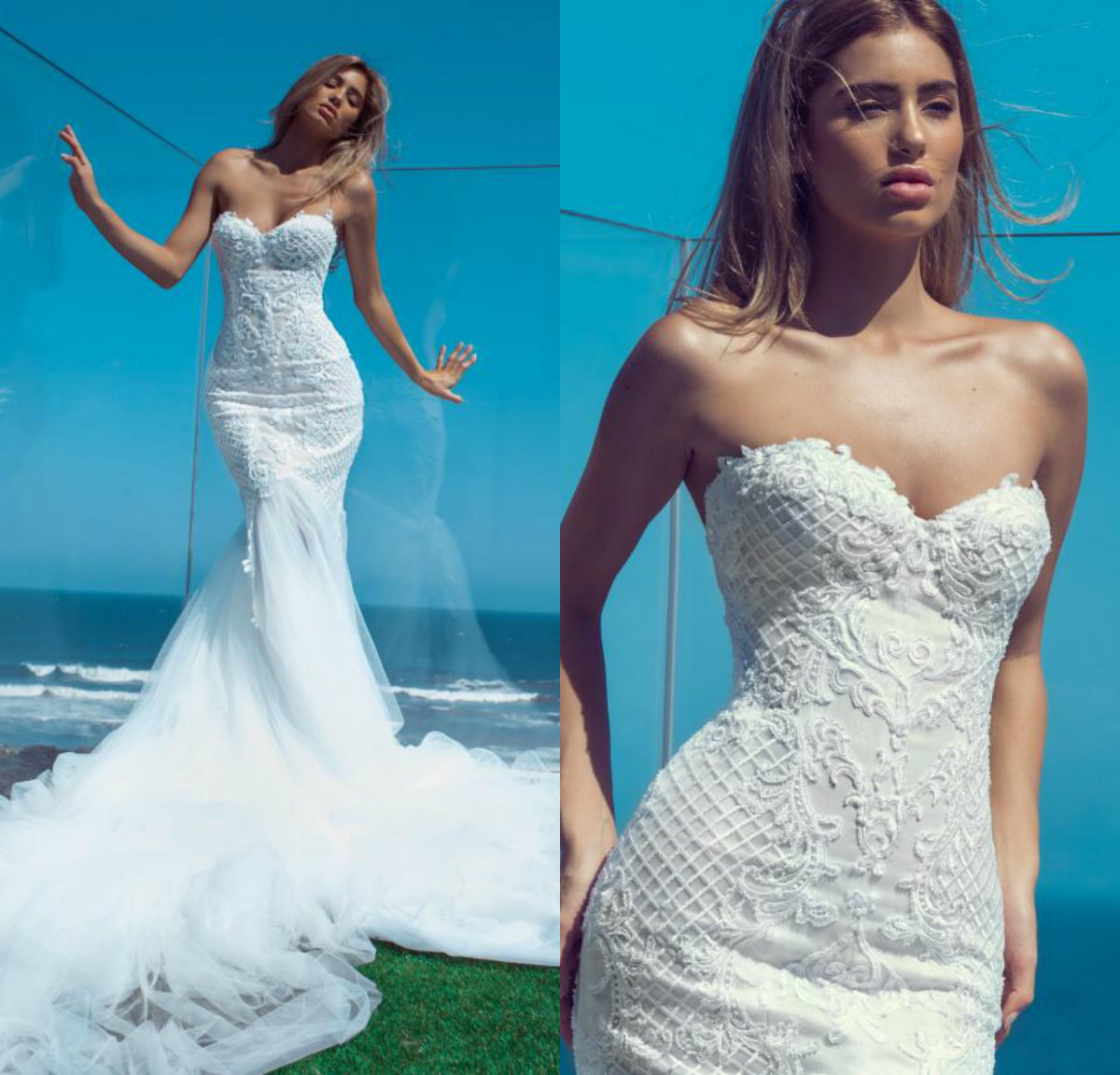2019 Nektaria Mermaid Wedding Dresses Sweetheart Lace Appliqued abiti da sposa Beach Wedding Dress Court Train Custom Made Bridal Gowns