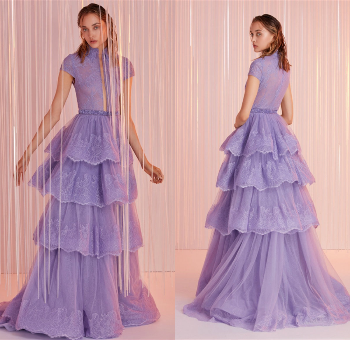 2021 Tony Ward Evening Dresses High Neck Jewel A Line Tulle Tiered Court Train Prom Dress Party Wear Custom Made Red Carpet Gowns