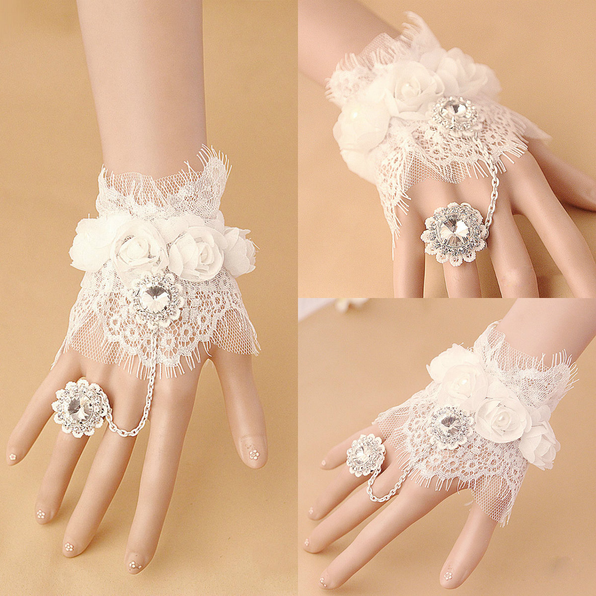 Cheap In Stock Bridal Gloves 2019 Lace Applique Crystals Wrist Length Gloves With Ribbon Fingerless Wedding Accessories