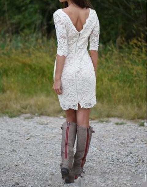 New Cheap Country Bridesmaid Dresses Full Lace For Weddings Guest Dress Jewel Neck Half Sleeves Short Mini Sheath Formal Maid of Honor Gowns