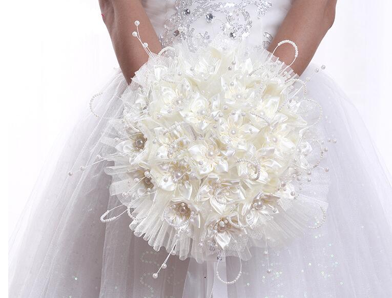 Pearl Silk Bridal Bouquet Romantic Rose Hand Flowers Silk Ribbon Pearl Wedding Bridesmaid Bouquet Floral Decoration