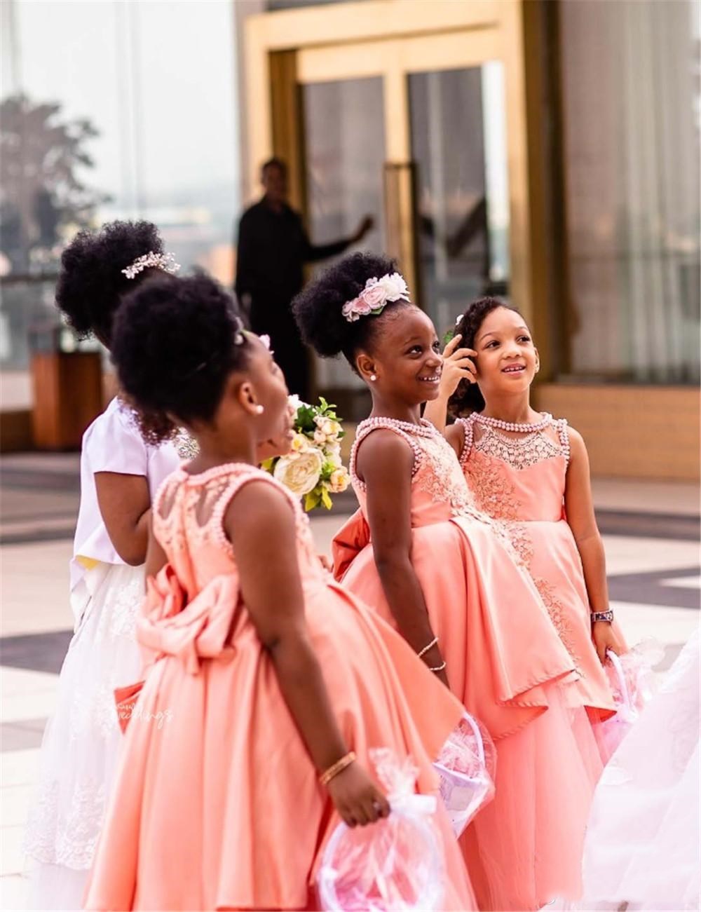 African Blush Pink Flower Girl Dresses for Wedding Hi Lo Lace Appliqued Girls Pageant Gowns with Bow Sash Beaded Kids Birthday Party Dress