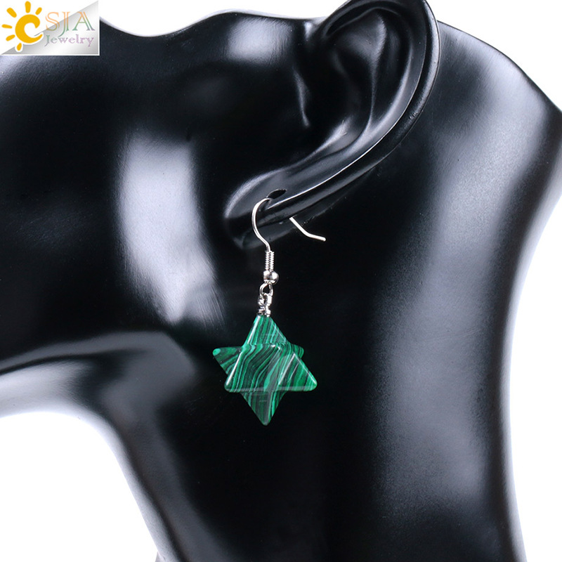 Bohemian Natural Gem Stone Merkabah Star Drop Earrings for Girl Opal Pink Crystal Lazuli Polyhedral Reiki Eardrop
