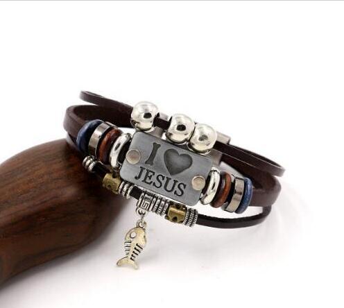 I LOVE JESUS Charm Bracelets Vintage Fish Pendant Christian Multilayer Leather Bracelets for Mens Women Bangle GD115