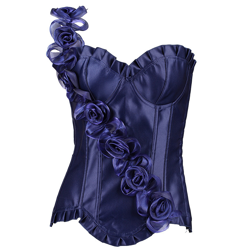 Women Dancing Outfit One Shoulder Rose Flowers Satin Overbust Corset and Black Flocked Hi-lo Skirt S-6XL Plus Size