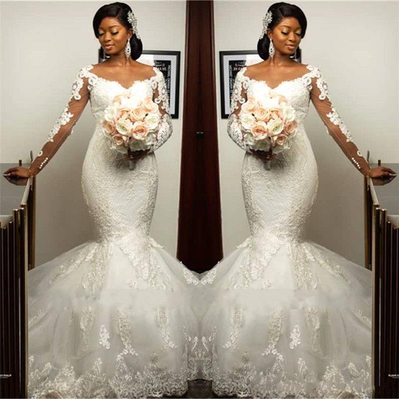 Long Sleeves Mermaid Wedding Dresses Lace Applique Sheer Neck Illusion Custom Made Plus Size African Country Wedding Gown Vestido de novia, Burgundy
Long Sleeves Mermaid Wedding Dresses Lace Applique Sheer Neck Illusion Custom Made Plus Size African Country Wedding Gown Vestido de novia, Burgundy