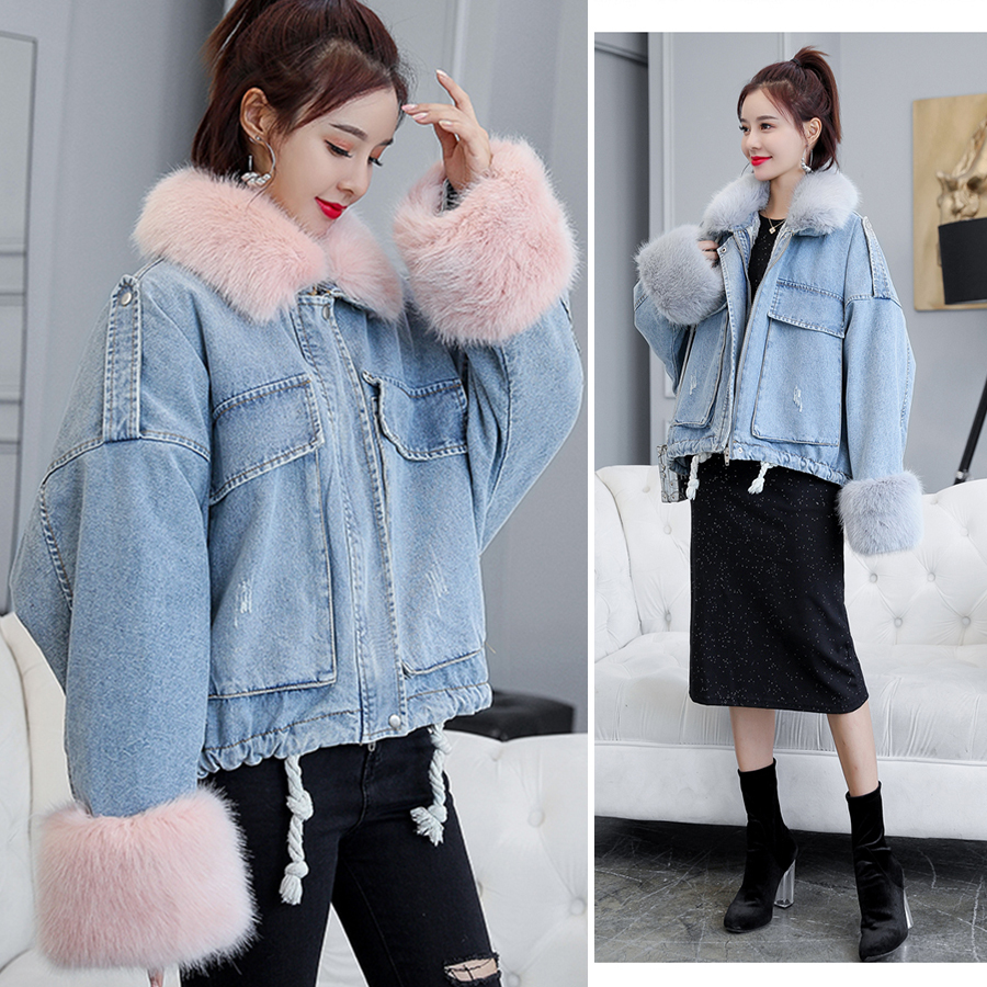Casual Cotton Liner Fur Collar Denim Jackets Women Korean Loose Hardy Warm Black Denim Coat Female Winter Cowboy Parka Outwear T200111