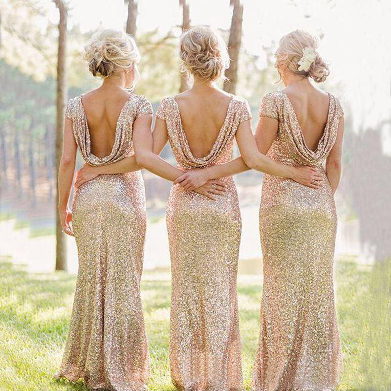 Sparkly Rose Cheap 2019 Mermaid Bridesmaid Dresses Short Sleeve Sequins Backless Long Beach Wedding Party Gowns Gold Champagne