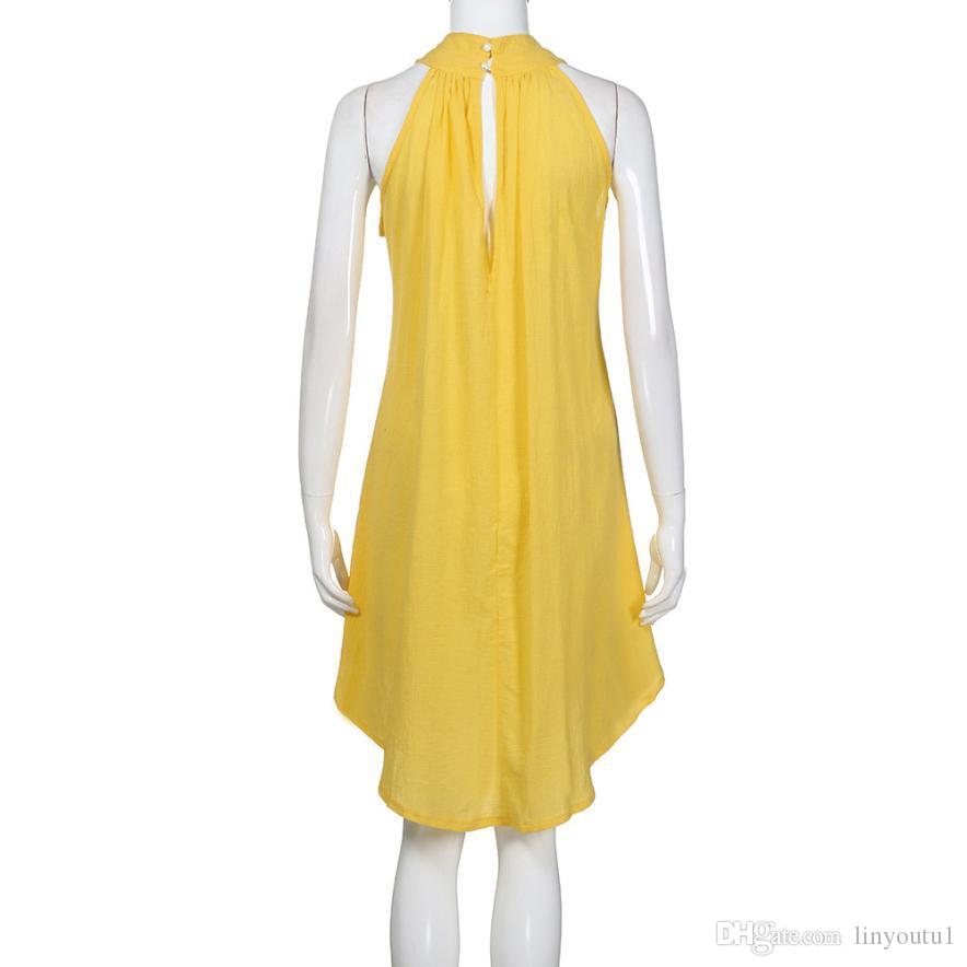Linen Vest Sundress Draped Elegant Girl hot sale 2020 Casual Spring Pleated Dress Solid Color Sleeveless Round Neck Party Night