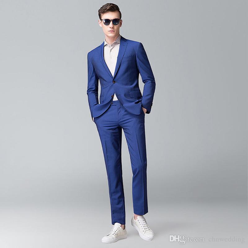 Fashion Royal Blue Casual Wedding Men Suits Groom Tuxedos Slim Fit Bridegroom Suits Two Pieces (Jacket+Pants) Best Men Clothing Set