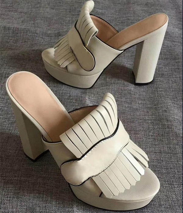 Hot Sale-Mid-heel Pump Sandal Platform Sandals with Fold over Fringe Real Leather High Heel with Box US11