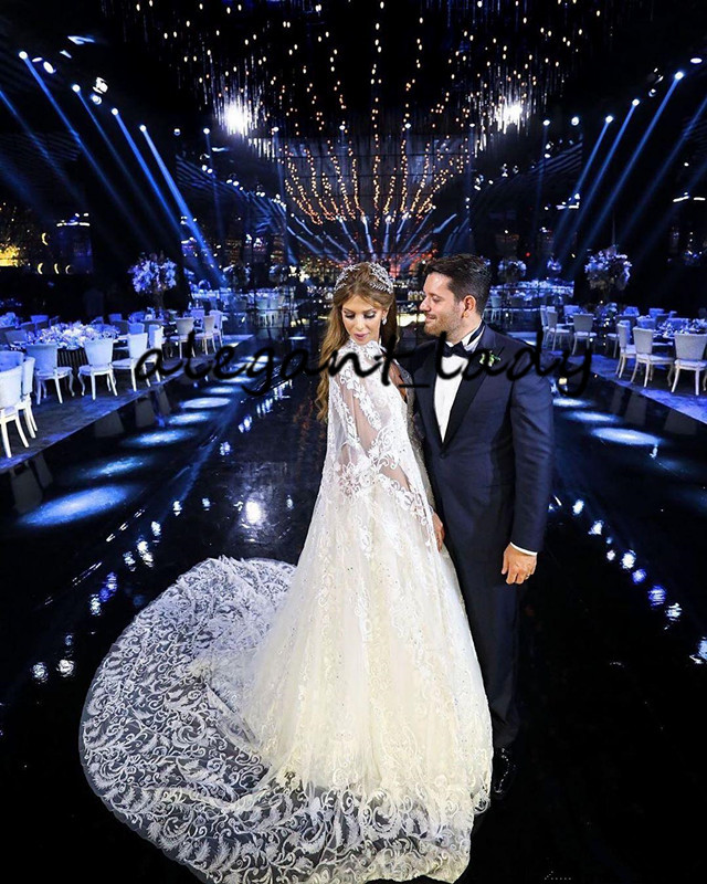 Vestido De Noiva Lace Beaded Wedding Dresses with Cape Shawls Robes 2020 Arabic Aso Ebi Sexy V-neck Castle Church Bride Wedding Gowns