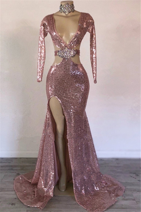 Rose Gold Sequins Long Sleeve Evening Dresses 2020 Sexy V-neck High Slit Sparkly Mermaid Occasion Prom Dress Wear Vestidos