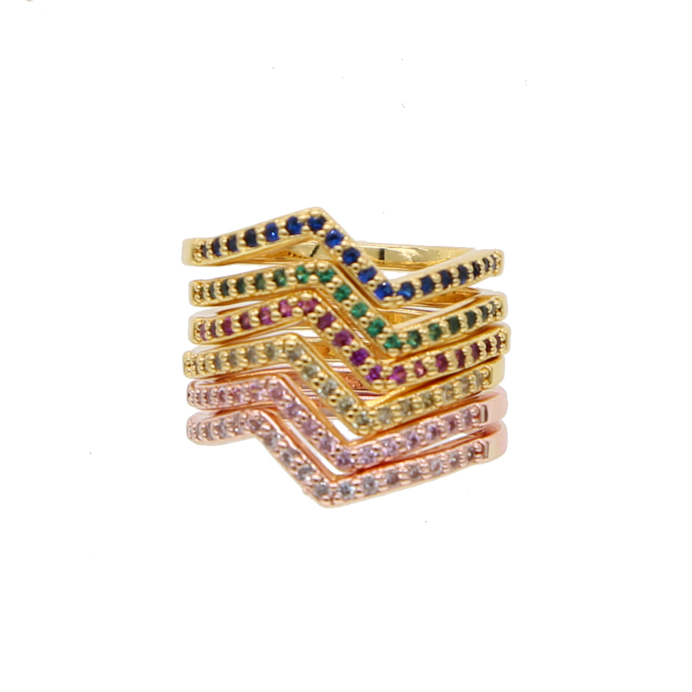 fashion women thin gold stack finger rings with colorful cz paved rainbow wedding finger ring set in gold rose gold color