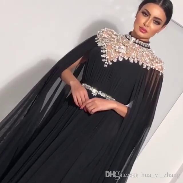 2019 Bling Crystal Evening Dresses with Long Cape High Neck Rhinestone Floor Length Plus Size Party Gowns Custom Made Sash Prom Dress