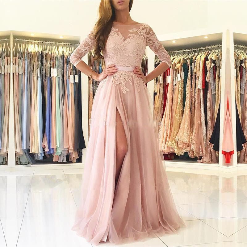 Blush Pink Split Long Bridesmaids Dresses Sheer Neck 3/4 Long Sleeves Appliques Lace Maid of Honor Country Party Guest Gowns Cheap