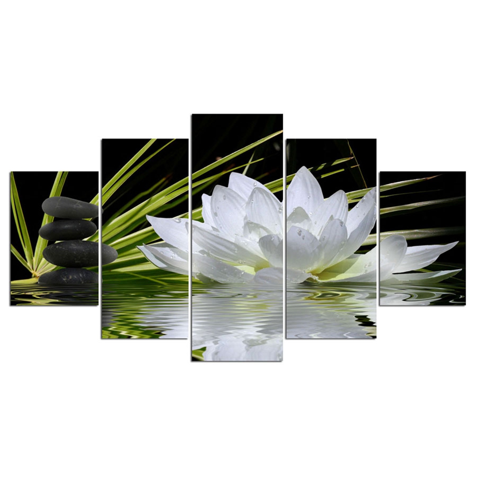 Modern Home Wall Art Decoration Framless Modular Pictures 5 Pieces White Lotus Flower Water Cobblestone HD Printed Canvas Paintings