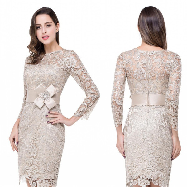 Modern Short Knee Length Mother Dresses Sheath Bodycon Long Sleeves Lace Groom Mother Dress With Sash Madre dei vestiti della sposa 2019