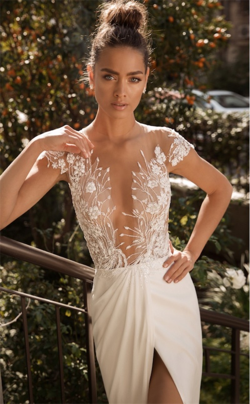elihav sasson beach split wedding dresses with cape sexy mermaid lace appliqued satin bridal gowns robe de marie