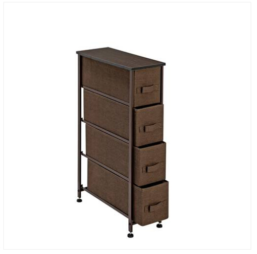 Brown Narrow Dresser Vertical Storage Unit +4 Fabric Drawers Slim Storage Tower