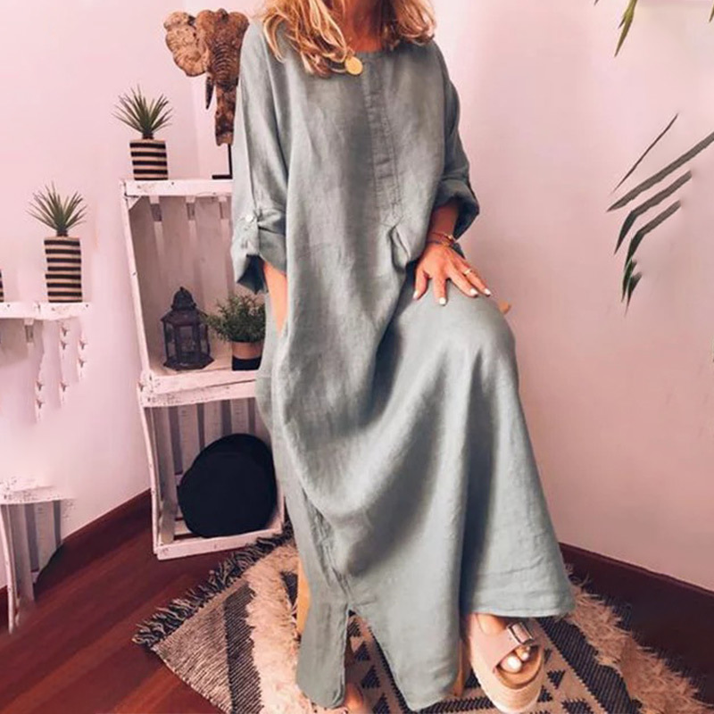 Women's Cotton Linen Oversized Maxi Dress White Pockets O-Neck Solid Long Dresses Spring Summer 2020 Fashion Loose Clothes Woman T200415