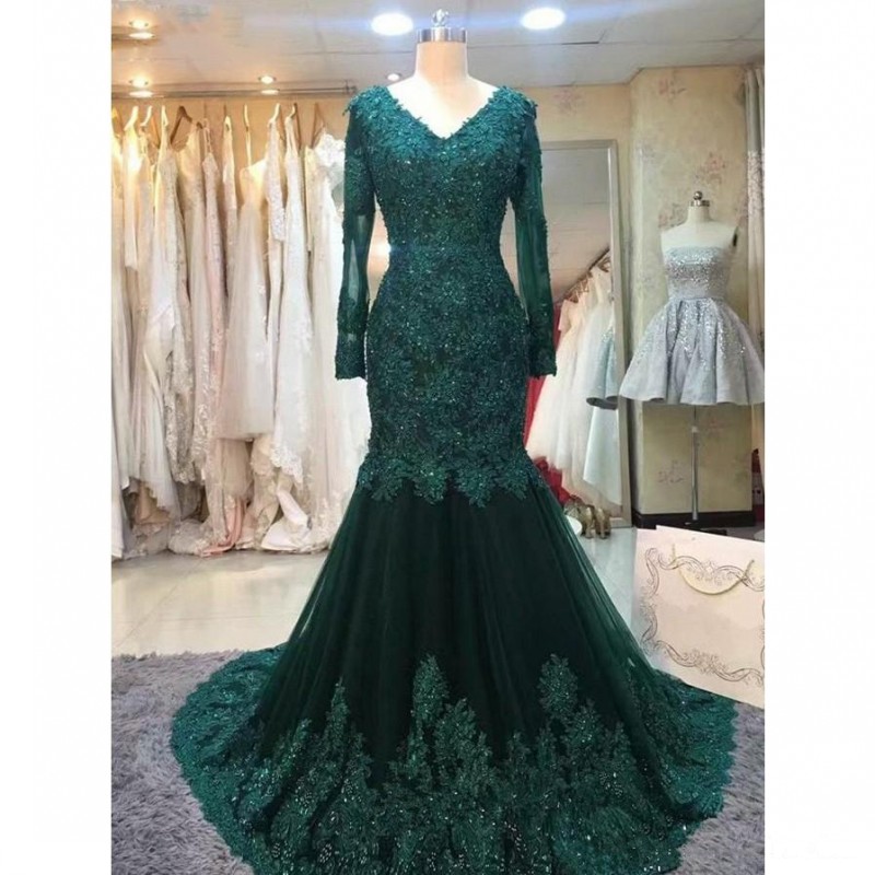 Spring 2020 Women Dresses Evening Wear V Neck Mermaid Court Train Shiny Beaded Lace and Tulle Hunter Green Long Sleeve Evening Gowns