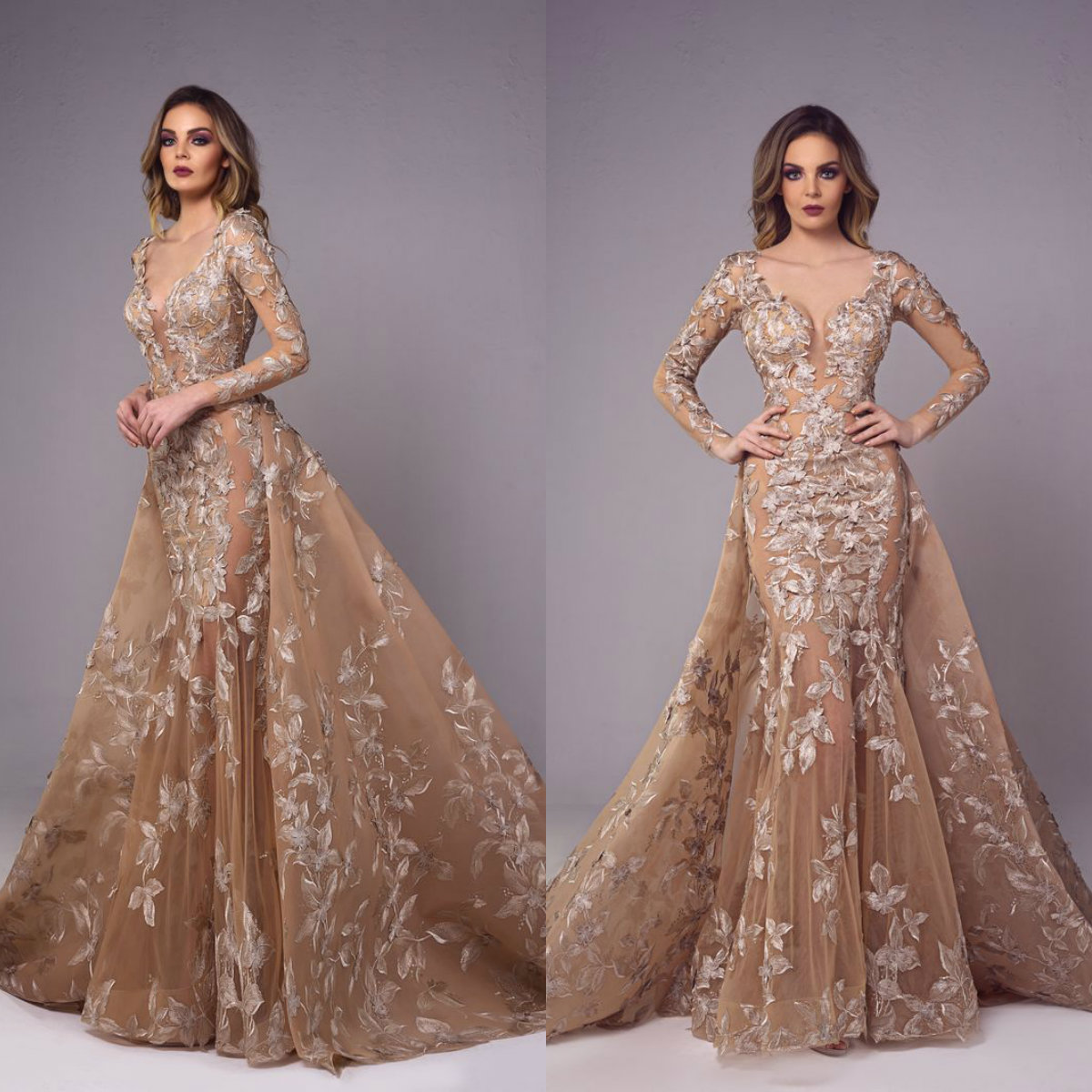 2022 Vintage Mermaid Prom Dresses Gold Lace Appliqued Illusion Sexy Bridal Gowns Detachable Train Plus Size Party Evening Dresses