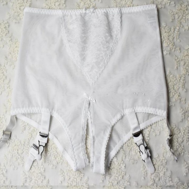 Sexy Women Open Crotch Shorts with 4-Metal Buckles Short Straps Lace and Mesh Lingerie Suspender Elastic Garter Belt with Satin Bows S-XXL