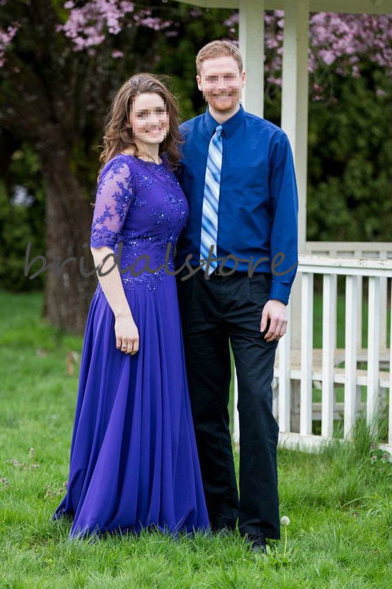 Summer Royal Blue Mother Of The Bride Dresses Half Sleeves Lace Garden Groom Mom Evening Dresses Floor Length Chiffon Outfits Mothers Dress