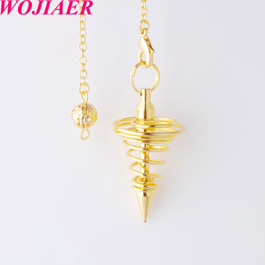 WOJIAER Gold Metal Pendulum Pendant Pendulo Radiestesia Pendulums for Dowsing Spiral Cone Antique Pyramid Pendule Reiki Jewelry O9461