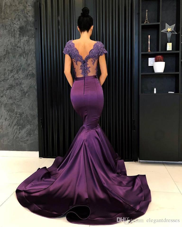 Cheap Mermaid Purple Prom Dresses V-Neck Lace Appliques Short Women Evening Party Gowns Special Ocn Sweep Train Long Formal Dress