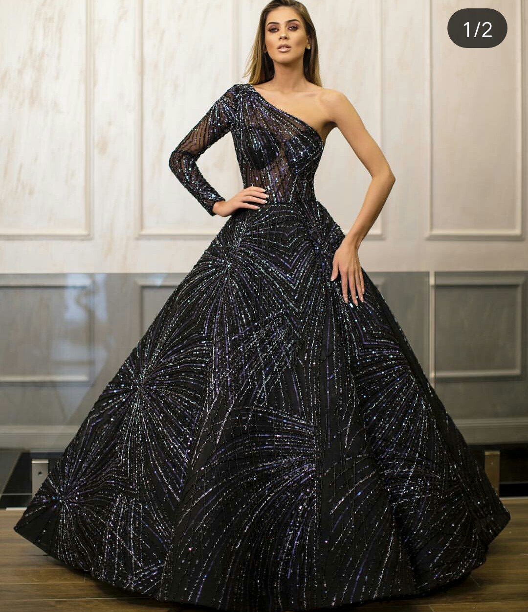 2019 Black Prom Dresses One Shoulder Sequins A Line Long Sleeve Arabic Evening Gowns Custom Made Formal Party Dress